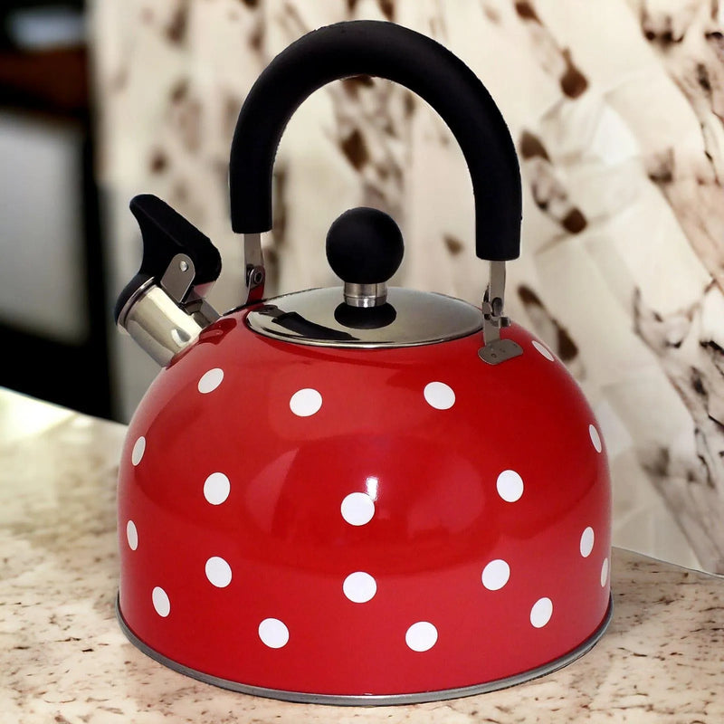 Voche Whistling Stovetop Kettle Voche 2.5 Litre Stainless Steel Whistling Stovetop Kettle | Red with White Polka Dots