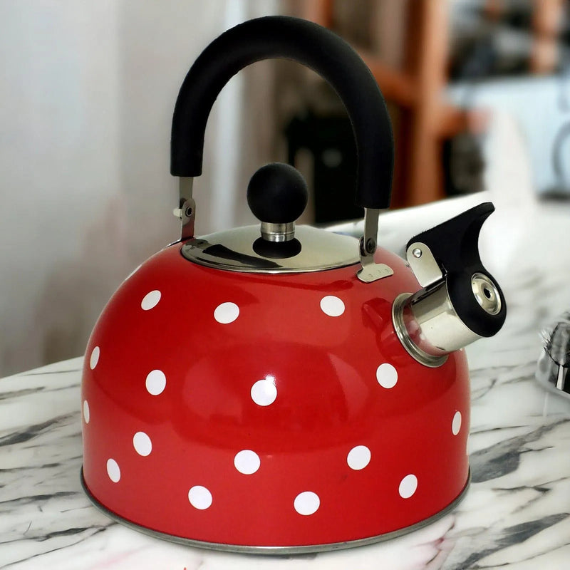 Voche Whistling Stovetop Kettle Voche 2.5 Litre Stainless Steel Whistling Stovetop Kettle | Red with White Polka Dots