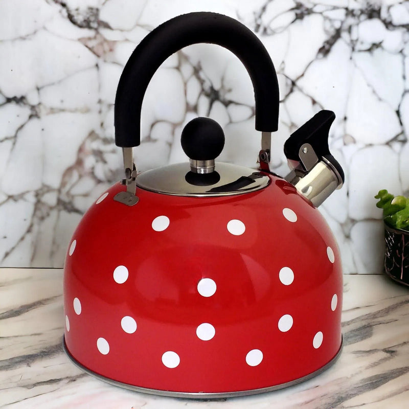 Voche Whistling Stovetop Kettle Voche 2.5 Litre Stainless Steel Whistling Stovetop Kettle | Red with White Polka Dots