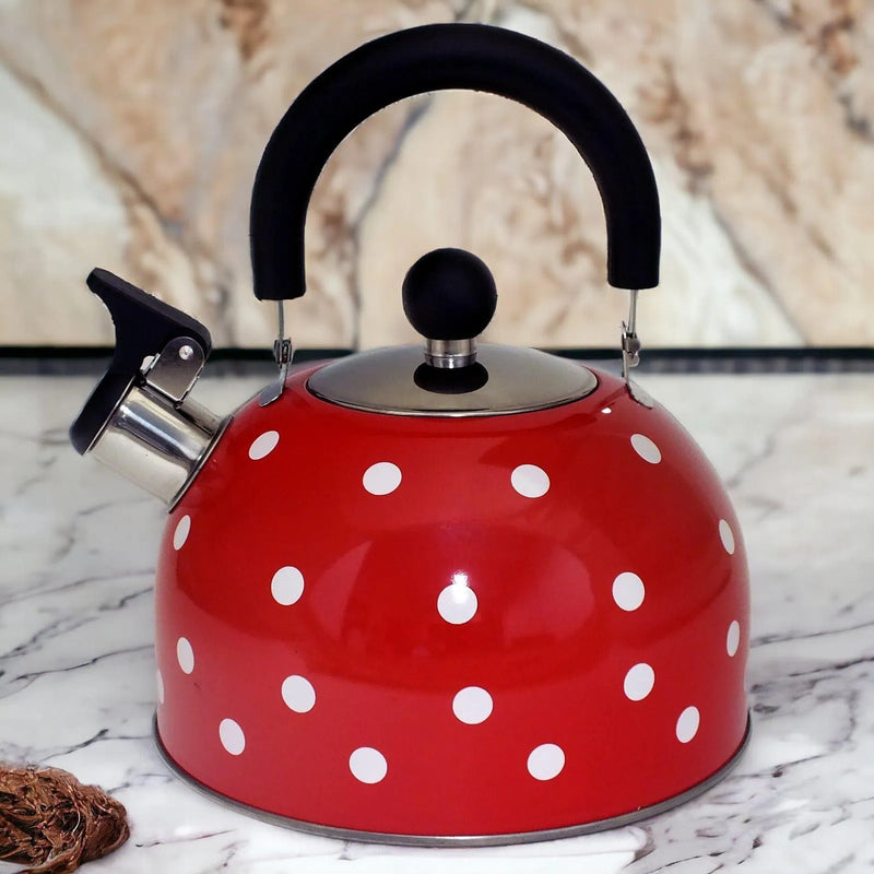 Voche Whistling Stovetop Kettle Voche 2.5 Litre Stainless Steel Whistling Stovetop Kettle | Red with White Polka Dots