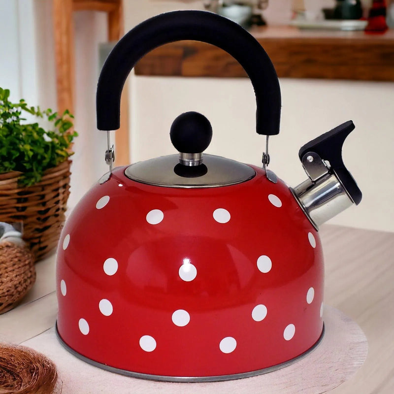 Voche Whistling Stovetop Kettle Voche 2.5 Litre Stainless Steel Whistling Stovetop Kettle | Red with White Polka Dots