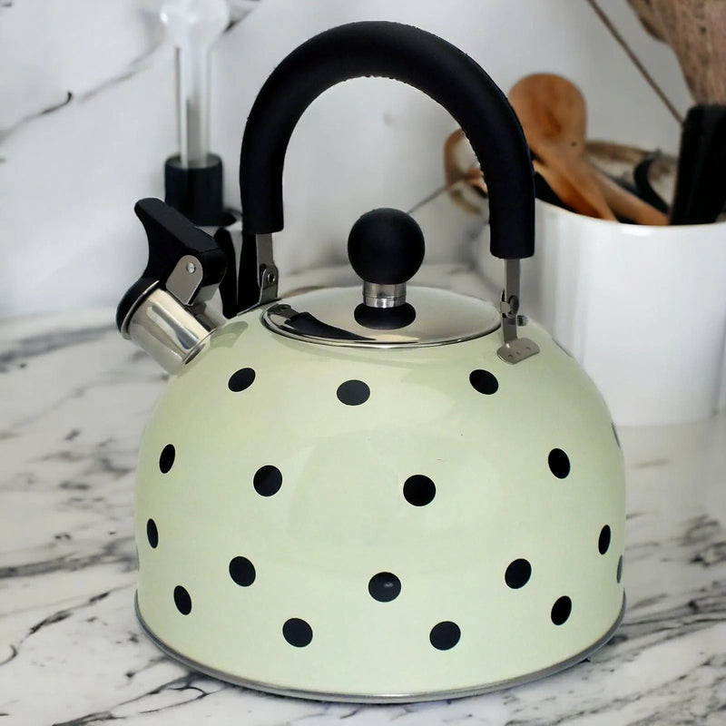 Voche Whistling Stovetop Kettle Voche 2.5 Litre Stainless Steel Whistling Stovetopv Kettle | Cream with Black Polka Dots