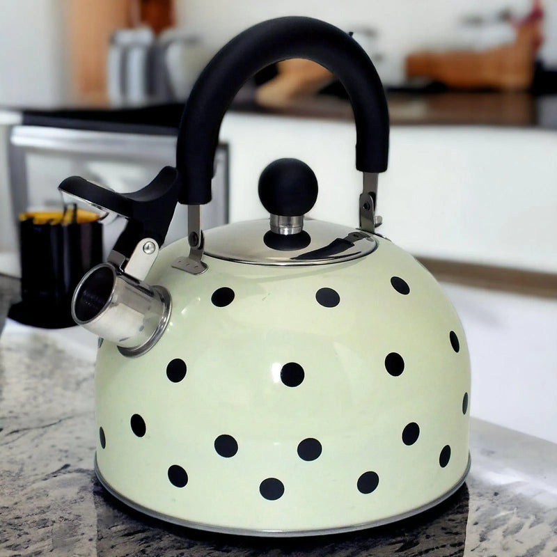 Voche Whistling Stovetop Kettle Voche 2.5 Litre Stainless Steel Whistling Stovetopv Kettle | Cream with Black Polka Dots