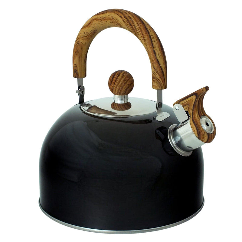 Voche Whistling Stovetop Kettle Voche 2.5L Black Whistling Stovetop Kettle with Wood Effect Soft Grip Handle