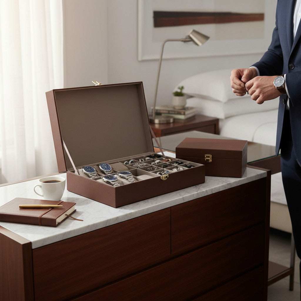 Brown Faux Leather Watch Cufflink Box Man's Gift Husband Dad Son