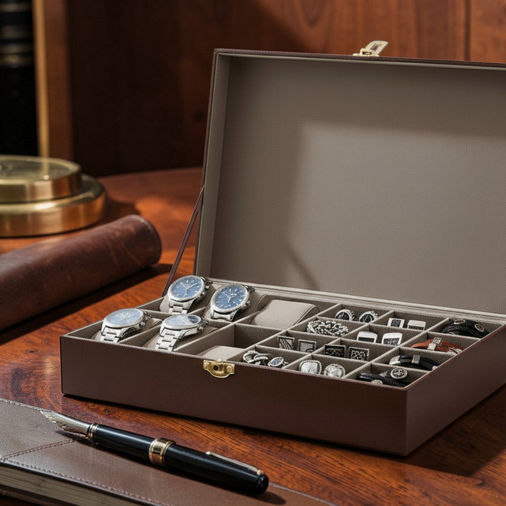 Brown Faux Leather Watch Cufflink Box Man's Gift Husband Dad Son