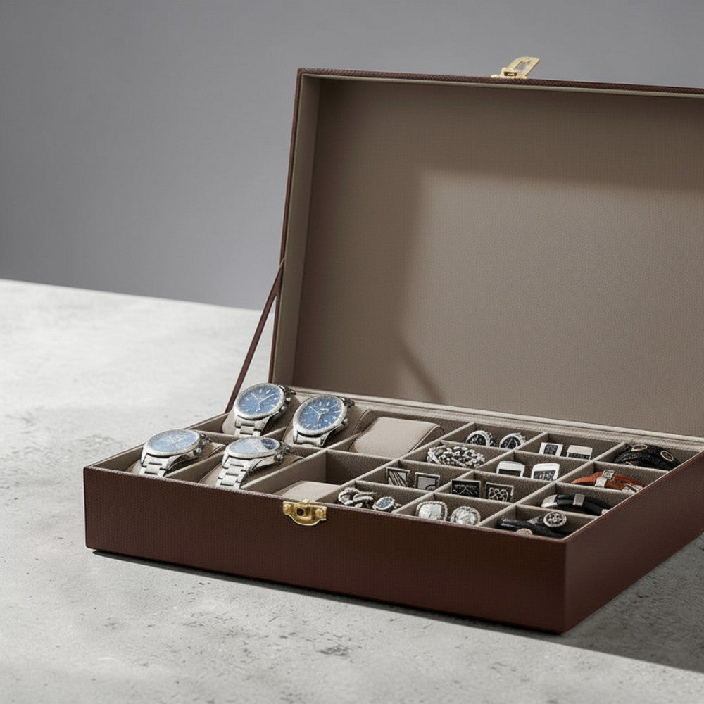 Brown Faux Leather Watch Cufflink Box Man's Gift Husband Dad Son