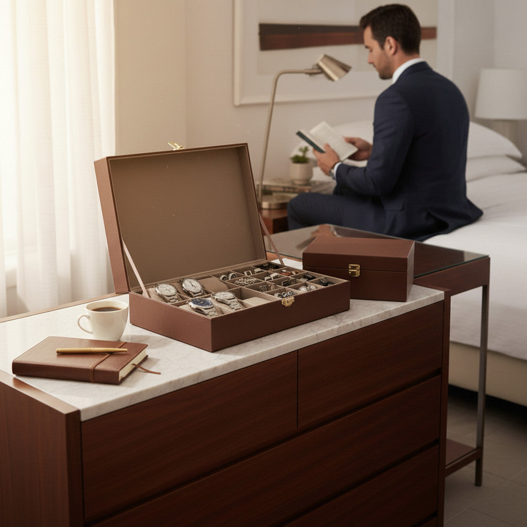 Brown Faux Leather Watch Cufflink Box Man's Gift Husband Dad Son