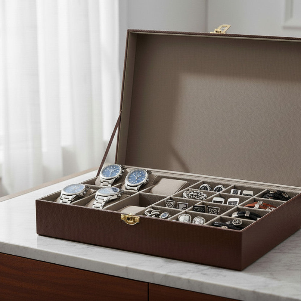 Brown Faux Leather Watch Cufflink Box Man's Gift Husband Dad Son