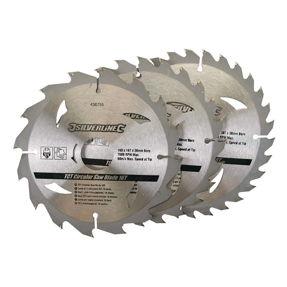 Silverline 160 X 30 - 20, 16, 10Mm Rings Tct Circular Saw Blades 16, 24, 30T 3Pk 436755