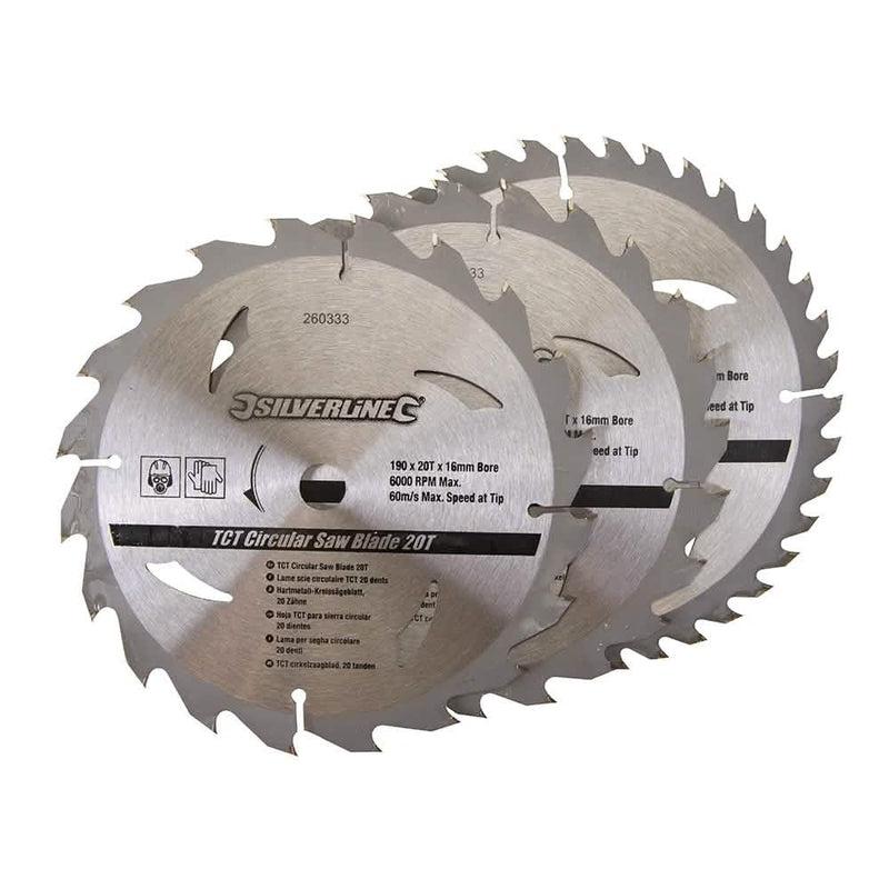 Silverline 190 X 16 - No Ring Tct Circular Saw Blades 20, 24, 40T 3Pk 260333