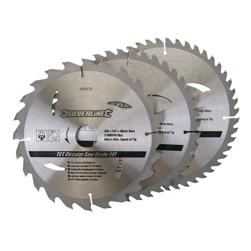 Silverline 205 X 30 - 25, 18, 16Mm Rings Tct Circular Saw Blades 24, 40, 48T 3Pk 408979