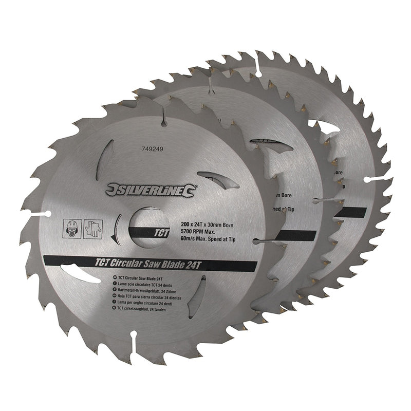 Silverline 200 X 30 - 25, 18, 16Mm Rings Tct Circular Saw Blades 24, 40, 48T 3Pk 749249
