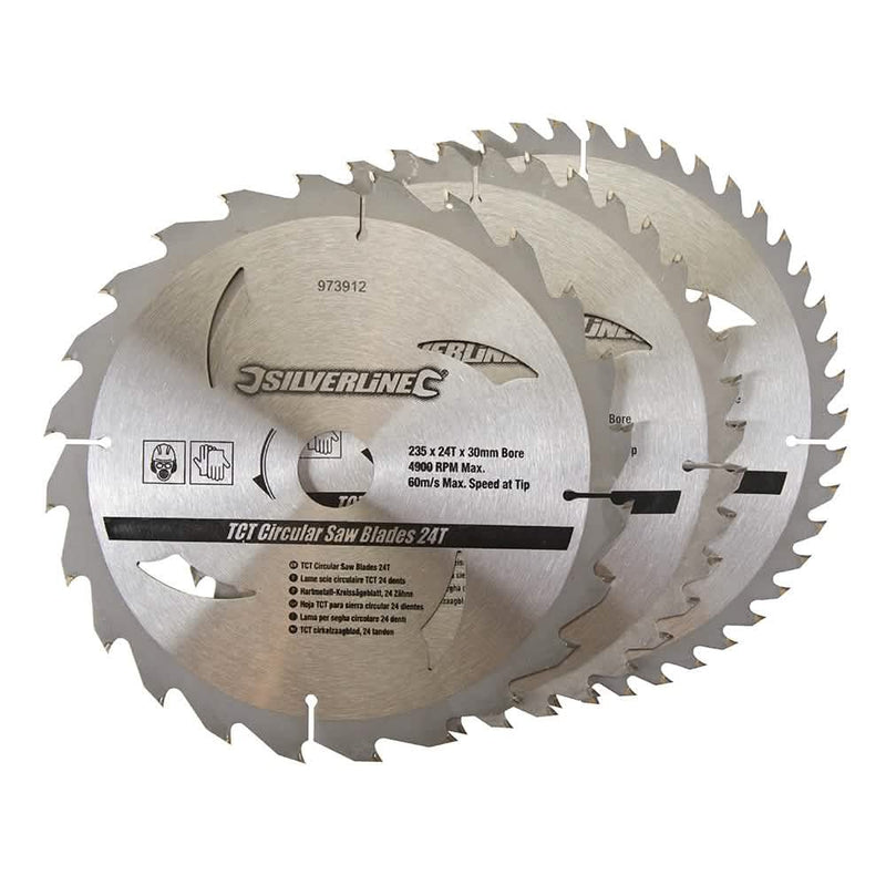 Silverline 235 X 30 - 25, 16Mm Rings Tct Circular Saw Blades 24, 40, 48T 3Pk 973912