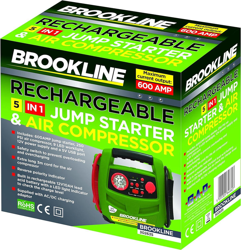12V Rechargable 5-in-1 Jump Start | Car Battery Booster and Power Pack with Air Compressor - tooltime.co.uk