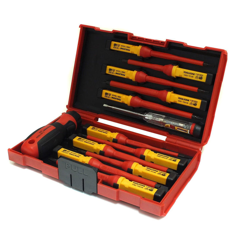 13PC ELECTRICIANS VDE INSULATED SCREWDRIVER + VOLT TESTER SET PHILLIPS POZI FLAT - tooltime.co.uk