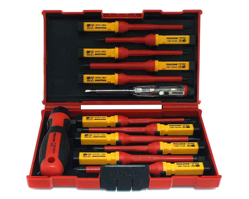 13PC ELECTRICIANS VDE INSULATED SCREWDRIVER + VOLT TESTER SET PHILLIPS POZI FLAT - tooltime.co.uk
