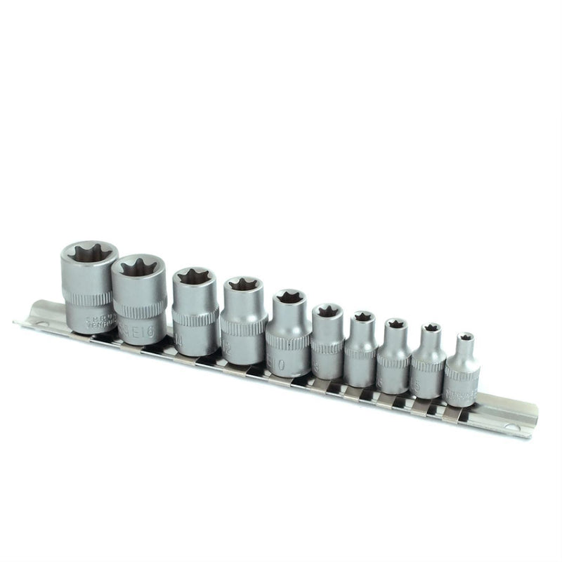 1/4 3/8 Torx Sockets Set Female + Rail E4-E18 CRV Steel Tx Star - tooltime.co.uk