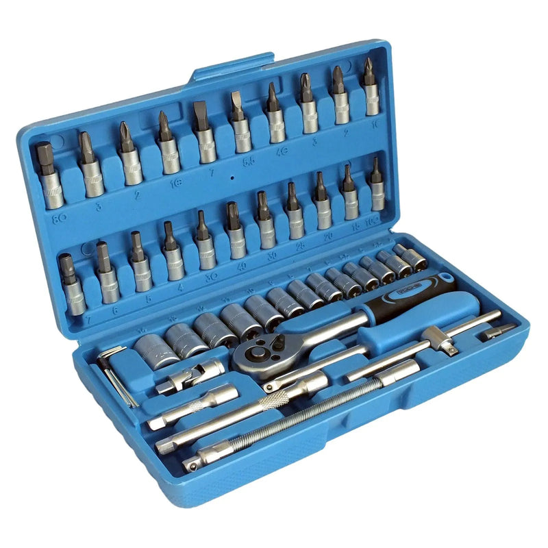 1/4" Drive Socket & Bits Set 46pc CRV Steel Torx Star Pozi Phillips + Case Voche - tooltime.co.uk