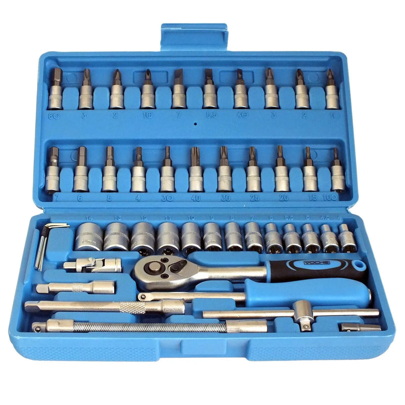 1/4" Drive Socket & Bits Set 46pc CRV Steel Torx Star Pozi Phillips + Case Voche - tooltime.co.uk