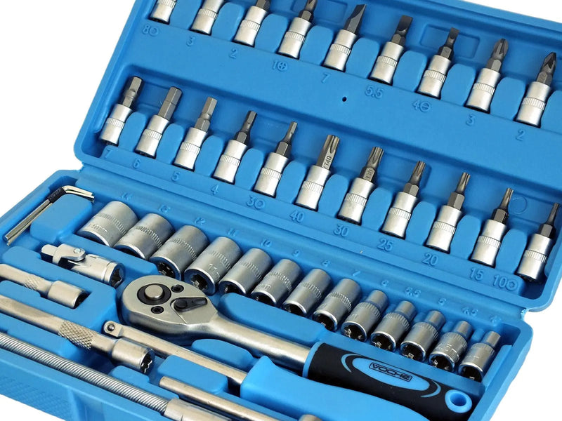 1/4" Drive Socket & Bits Set 46pc CRV Steel Torx Star Pozi Phillips + Case Voche - tooltime.co.uk