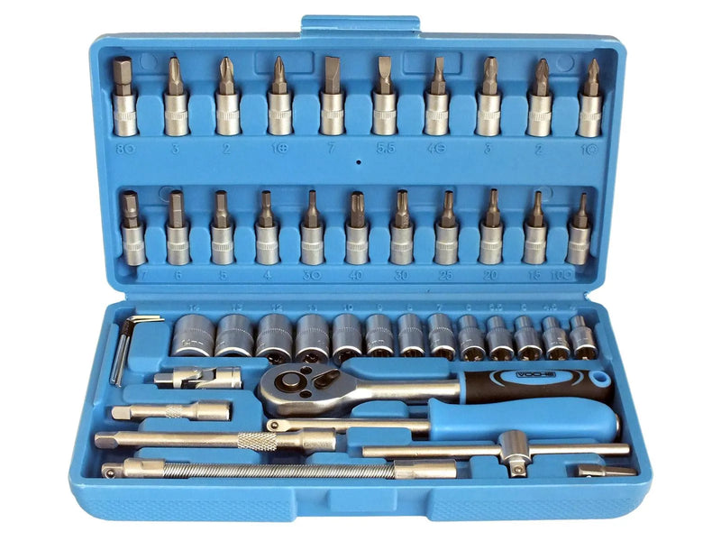 1/4" Drive Socket & Bits Set 46pc CRV Steel Torx Star Pozi Phillips + Case Voche - tooltime.co.uk