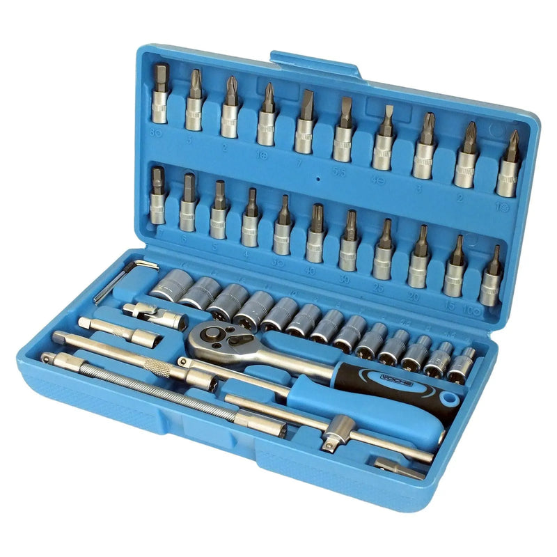 1/4" Drive Socket & Bits Set 46pc CRV Steel Torx Star Pozi Phillips + Case Voche - tooltime.co.uk