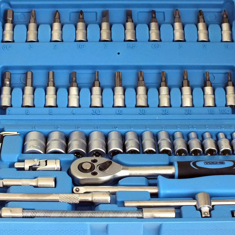 1/4" Drive Socket & Bits Set 46pc CRV Steel Torx Star Pozi Phillips + Case Voche - tooltime.co.uk