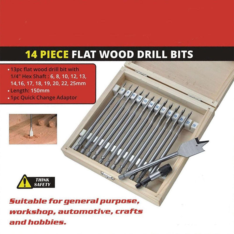 14pc Wood Drill Bit Set Spade Flat Hex Shank 6-25mm 150mm Case & Quick Adaptor - tooltime.co.uk