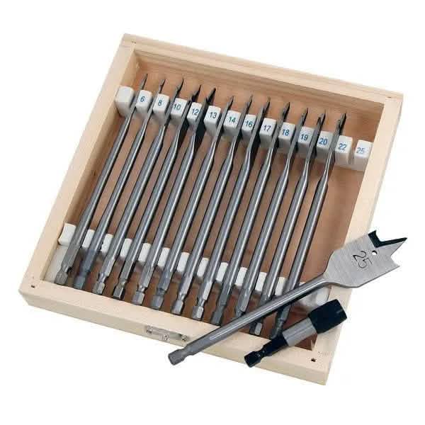 14-Piece Flat Spade Wood Drill Bit Set - 6-25mm, Hex Shank, 150mm Long, With Case & Adaptor