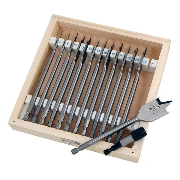 14pc Wood Drill Bit Set Spade Flat Hex Shank 6-25mm 150mm Case & Quick Adaptor - tooltime.co.uk