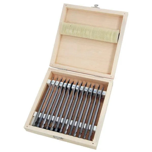 14pc Wood Drill Bit Set Spade Flat Hex Shank 6-25mm 150mm Case & Quick Adaptor - tooltime.co.uk