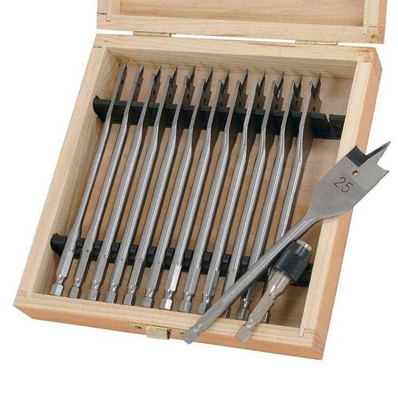 14pc Wood Drill Bit Set Spade Flat Hex Shank 6-25mm 150mm Case & Quick Adaptor - tooltime.co.uk