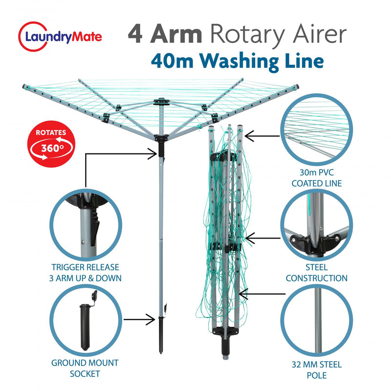 40M Rotary Airer With 4 Arms For Garden