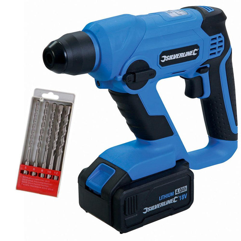 18V Cordless Hammer Drill Electric SDS+ Charger 4Ah Li-ion Battery & 5pc Bit Set - tooltime.co.uk