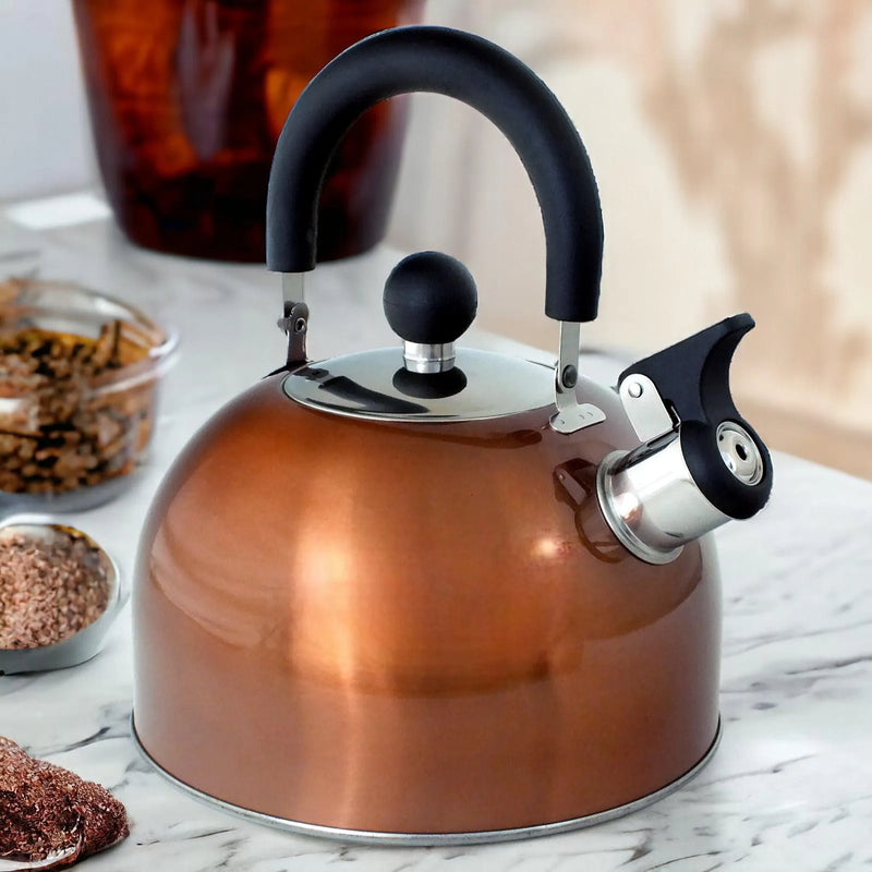 2.5 Litre Stainless Steel Stovetop Whistling Kettle with Metallic Copper Finish - tooltime.co.uk