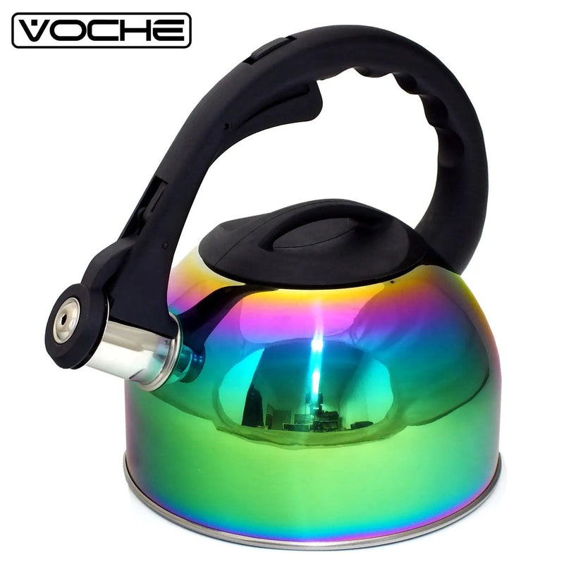 2L Stovetop Whistling Kettle Stainless Steel Iridescent Rainbow Multi Coloured - tooltime.co.uk