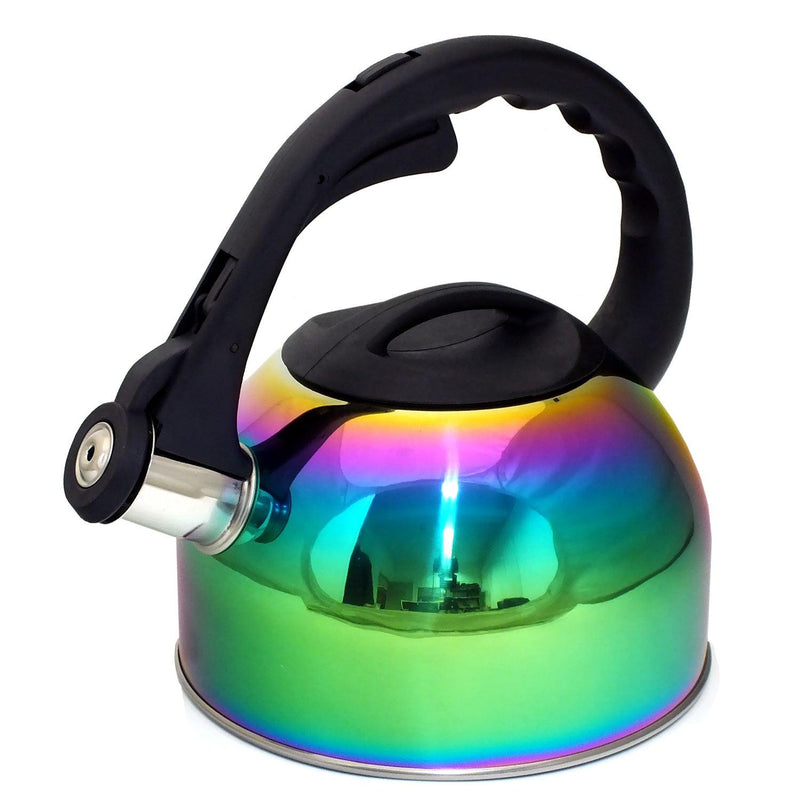 2L Stovetop Whistling Kettle Stainless Steel Iridescent Rainbow Multi Coloured - tooltime.co.uk