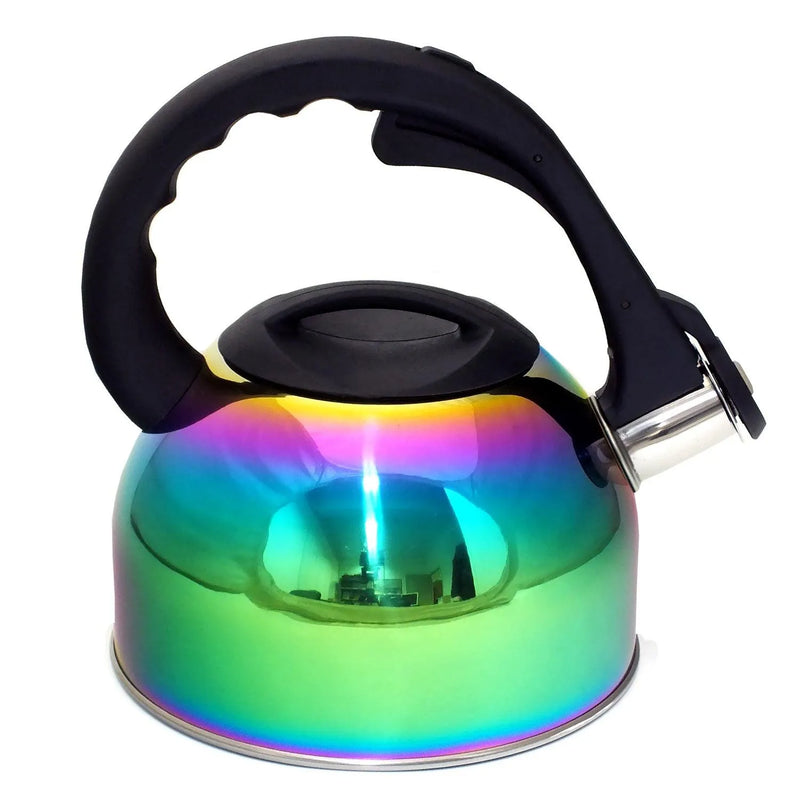 2L Stovetop Whistling Kettle Stainless Steel Iridescent Rainbow Multi Coloured - tooltime.co.uk