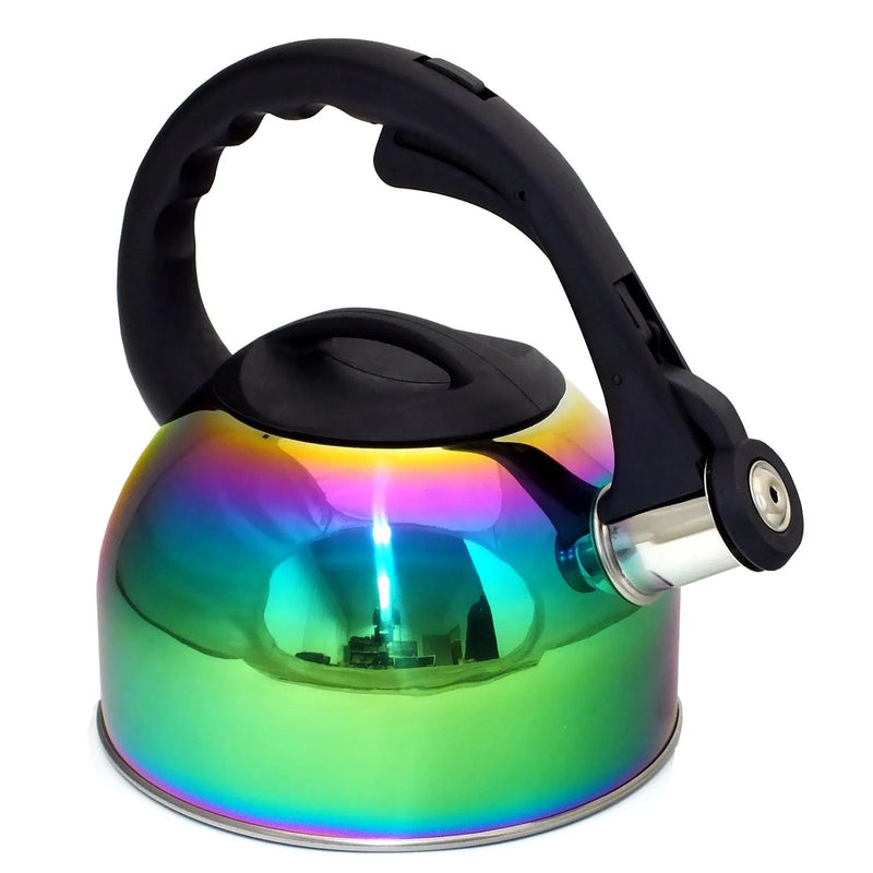 2L Stovetop Whistling Kettle Stainless Steel Iridescent Rainbow Multi Coloured - tooltime.co.uk