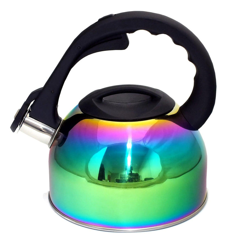 2L Stovetop Whistling Kettle Stainless Steel Iridescent Rainbow Multi Coloured - tooltime.co.uk