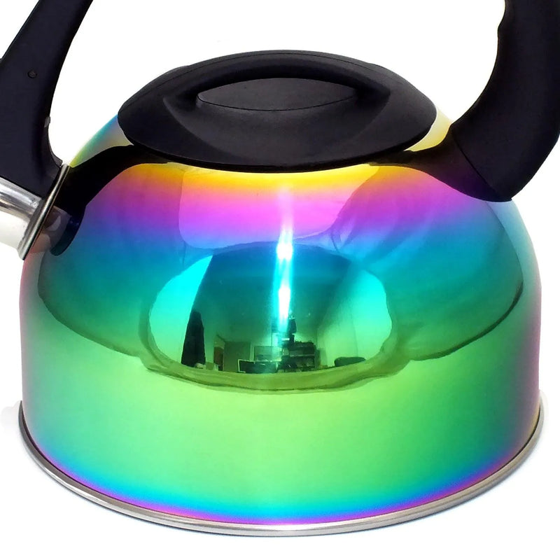 2L Stovetop Whistling Kettle Stainless Steel Iridescent Rainbow Multi Coloured - tooltime.co.uk