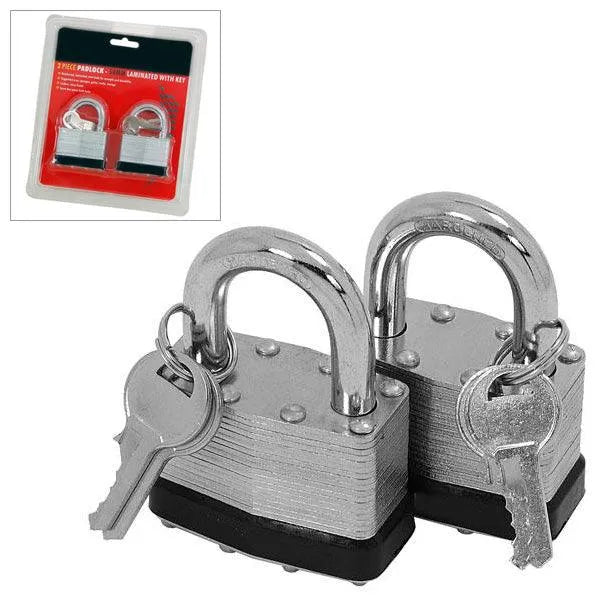 2pc Heavy Duty 50mm Keyed Alike Reinforced Laminated Steel Padlocks Same Keys - tooltime.co.uk