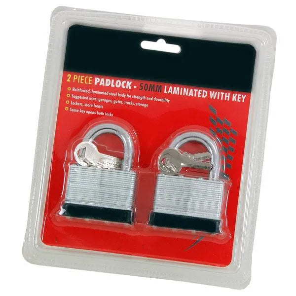 2pc Heavy Duty 50mm Keyed Alike Reinforced Laminated Steel Padlocks Same Keys - tooltime.co.uk