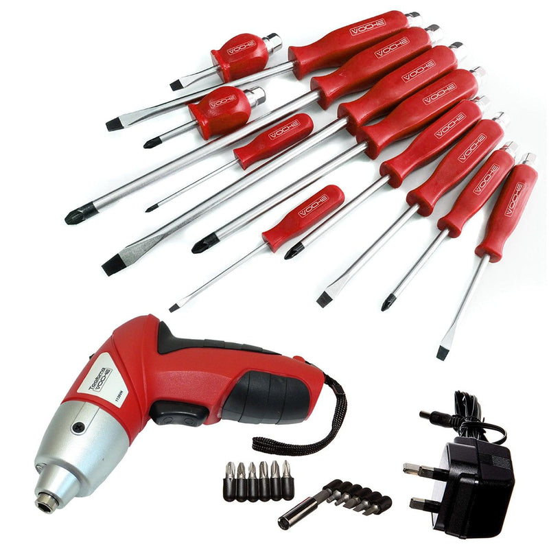 3.6V Cordless Rechargeable Electric Screwdriver + 12 Piece Mechanics Screwdriver Set - tooltime.co.uk