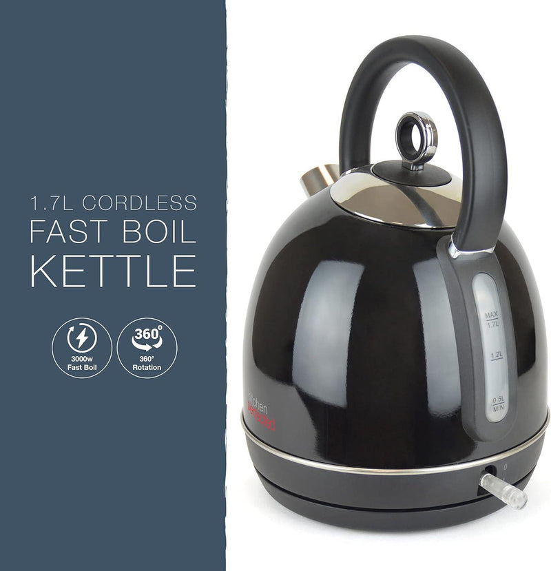 3000W Rapid Boil Electric Kettle and 4 Slice Wide Slot Toaster Set | Black and Stainless Steel - tooltime.co.uk