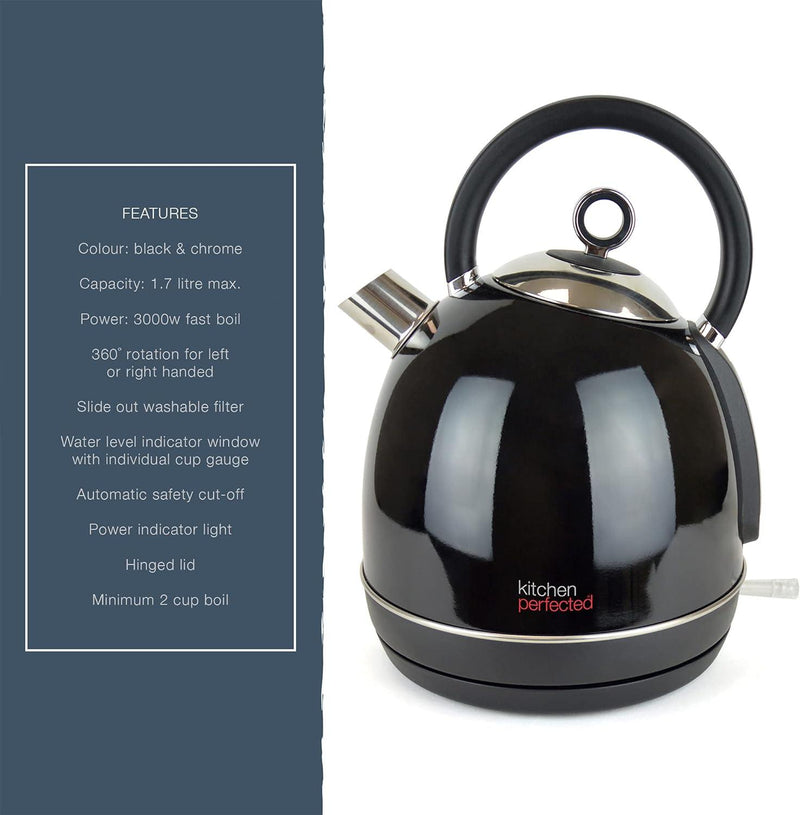 3000W Rapid Boil Electric Kettle and 4 Slice Wide Slot Toaster Set | Black and Stainless Steel - tooltime.co.uk