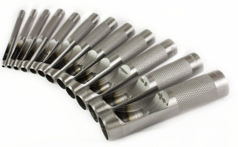 12PC PRO PRECISION HOLLOW PUNCH SET 3MM - 19MM HOLE CUTTER + LEATHER TOOL ROLL - tooltime.co.uk