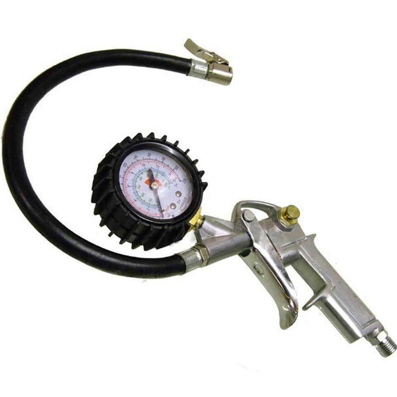 1/4 BSP ALLOY TYRE INFLATOR WITH GAUGE + AIR DUST BLOW GUN + 25FT RECOILING HOSE - tooltime.co.uk