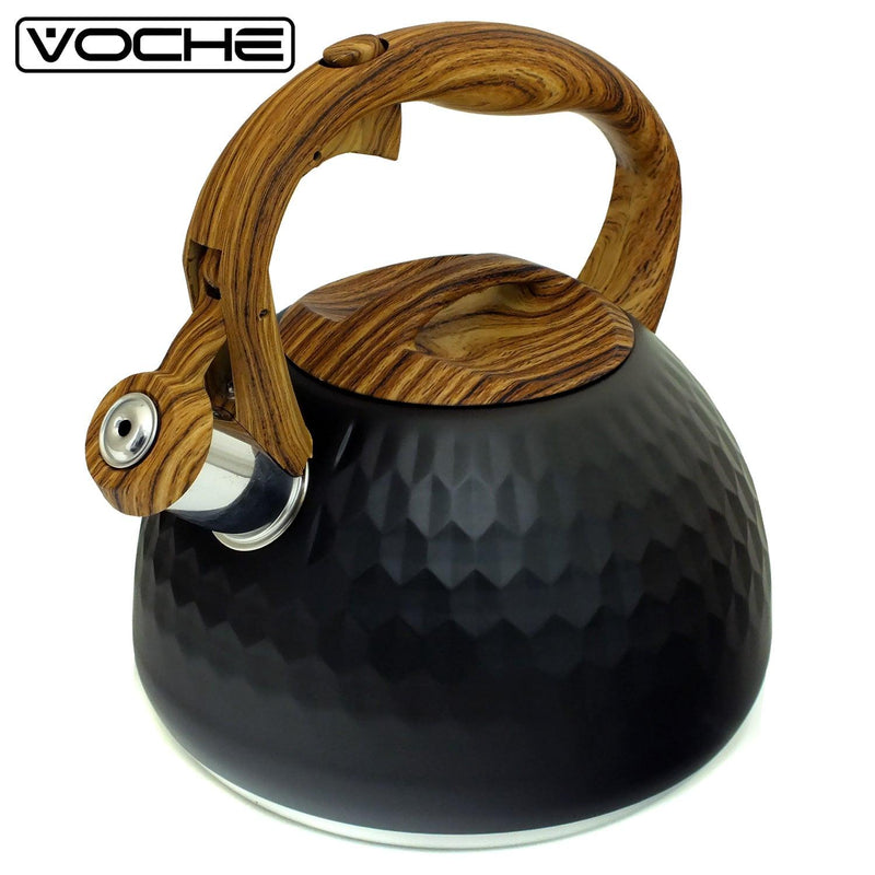 3L Whistling Stovetop Kettle Stainless Steel Black Honeycomb & Wood Effect Voche - tooltime.co.uk
